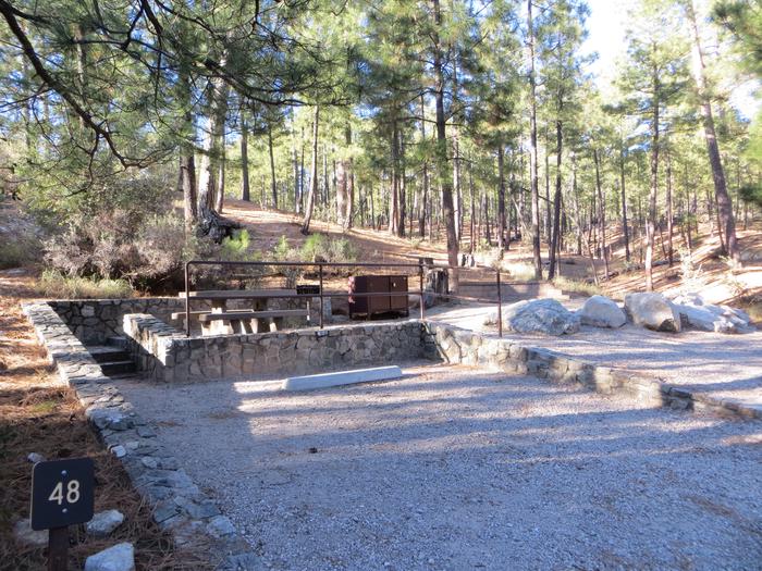 Rose Canyon Campground site #48 featuring the stone platform campsite with parking space and picnic area. 