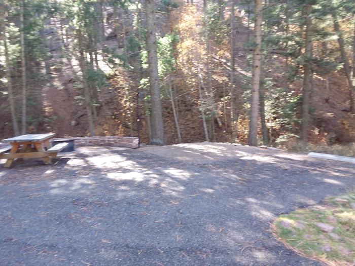 Site 8 with a picnic table, fire ring, lantern pole, and parking.