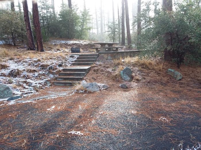 Campsite 14 with steps leading to the picnic table and fire ring