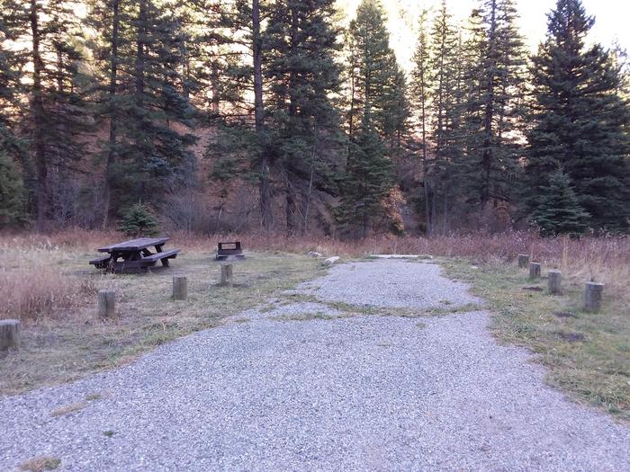 Site 6 with a picnic table, a campfire ring, and parking.