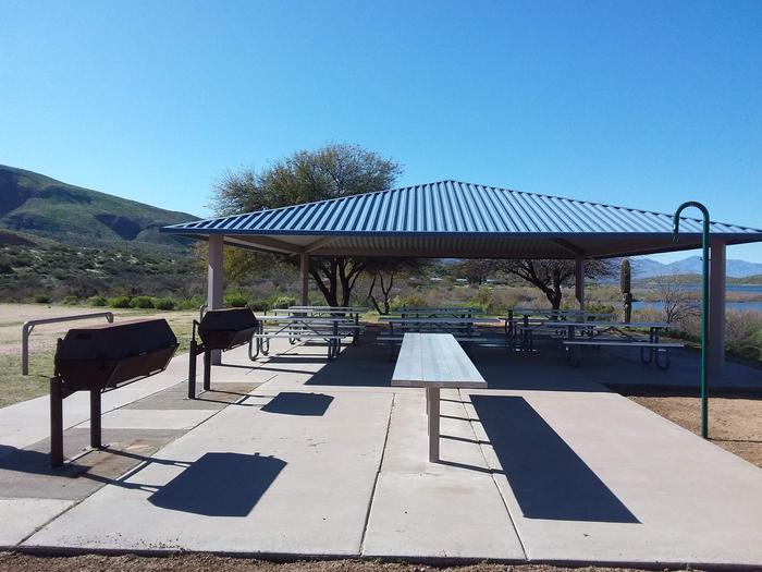 Frazier Campground with pavilion, grills, and tables.Frazier Campground Group site