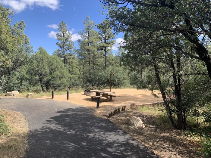 A photo of Site 04 of Loop B at LYNX CAMPGROUND with Picnic Table, Fire Pit, Lantern Pole with sharp-curve drive through parking. 