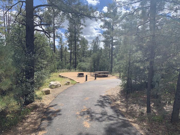 A photo of Site 04 of Loop B at LYNX CAMPGROUND with Picnic Table, Fire Pit, Lantern Pole showing exit of drive through parking. 