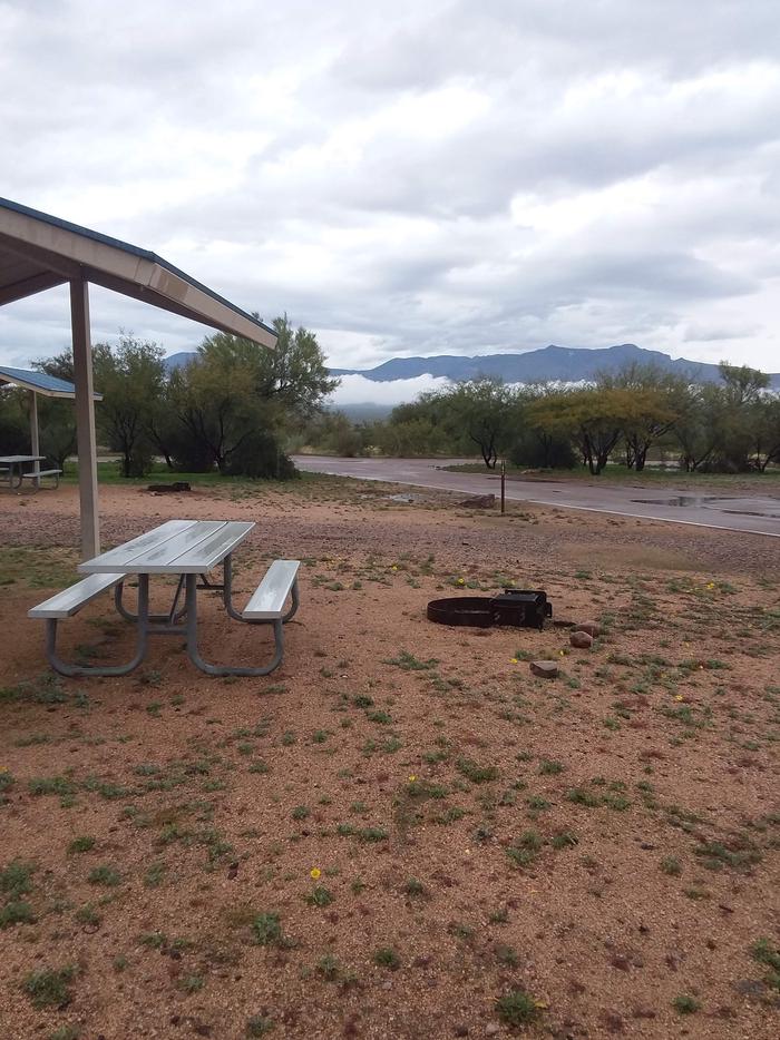 Campsite 181 with a firepit, covered picnic table and mountainous views