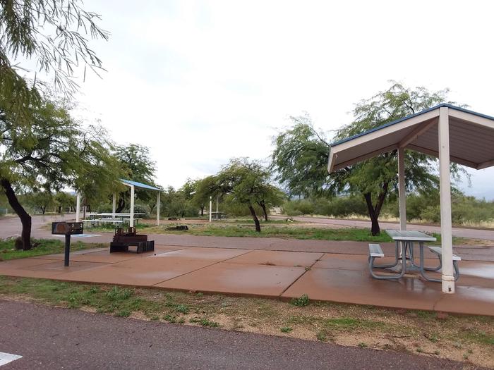 Handicap accommodating Campsite 198 with a firepit, grill and covered picnic table all on a paved patio