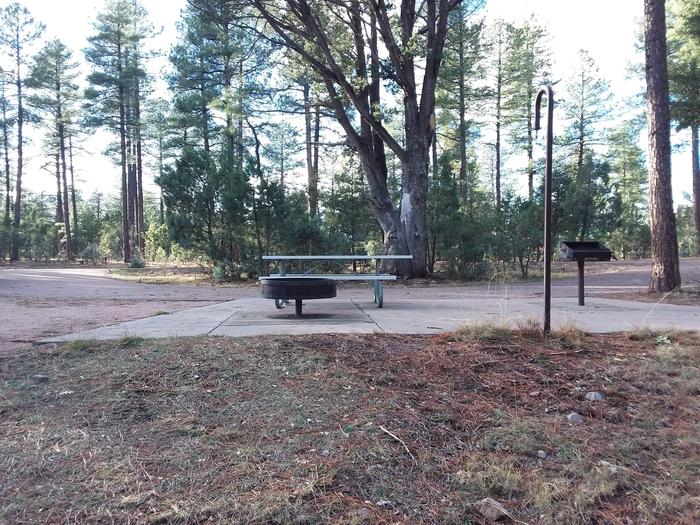Oak Loop Site 13 with a picnic table, grill, lantern pole and raised campfire ring all on a paved patio