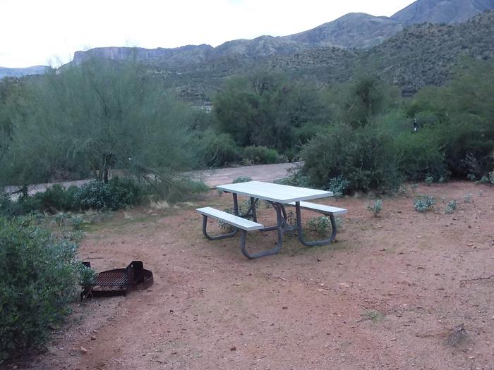 Site 18 with a picnic table, fire ring, and parking.