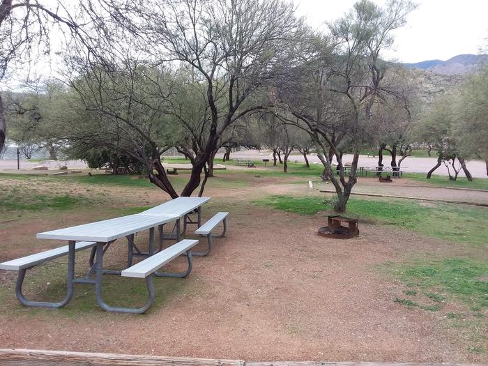 Site 28 with picnic tables, a fire ring, and parking.