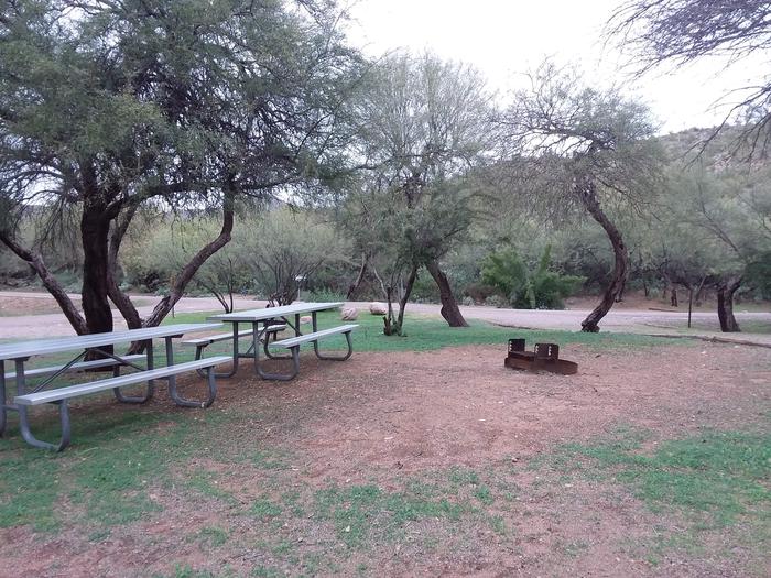 Site 30 with picnic tables, fire ring, and parking.