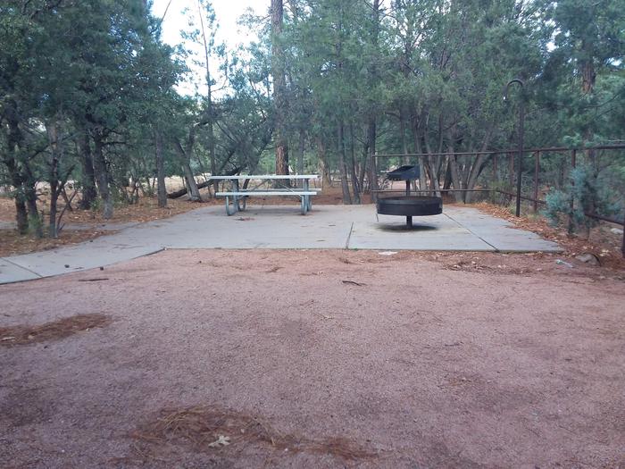 Juniper Loop Site 27 with a picnic table, grill, lantern pole and campfire ring all on a paved patio
