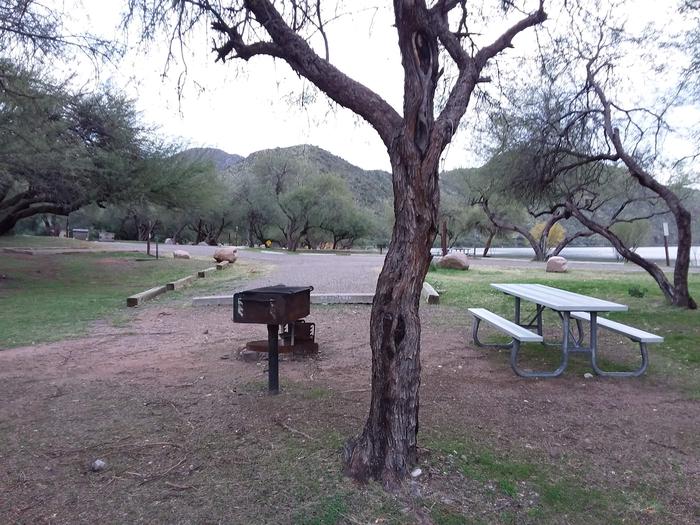 Campsite 45 at Burnt Corral Campground with a picnic table, fire ring, camp grill, and parking.