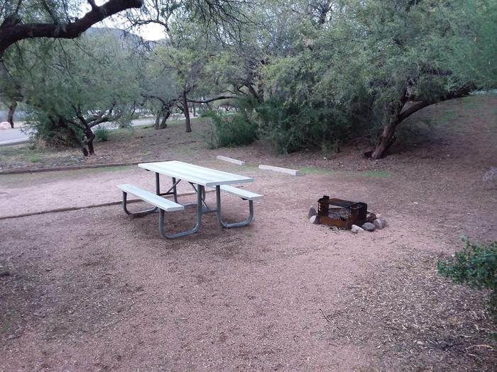 Site 52 with a picnic table, fire ring, and parking.