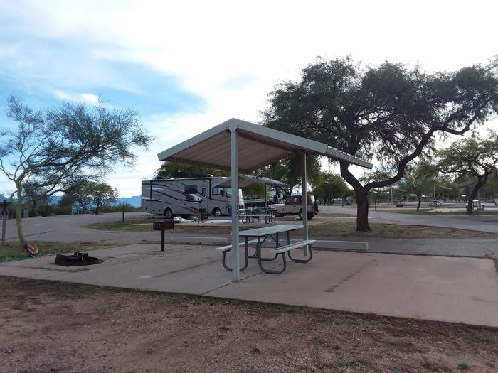 Windy Hill Campground Coyote Site 313: shade structure, table, fire pit with grillWindy Hill Campground Coyote Site 313 wheelchair accessible