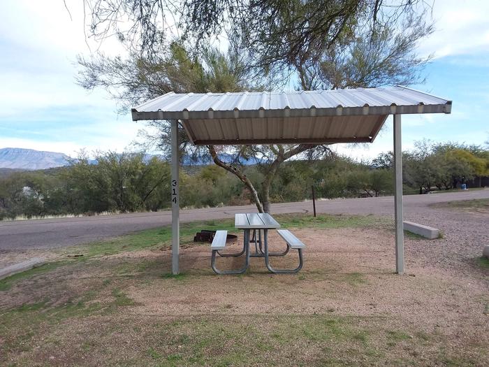Windy Hill Campground Coyote Site 314: shade structure, table, fire pit Windy Hill Campground Coyote Site 314
