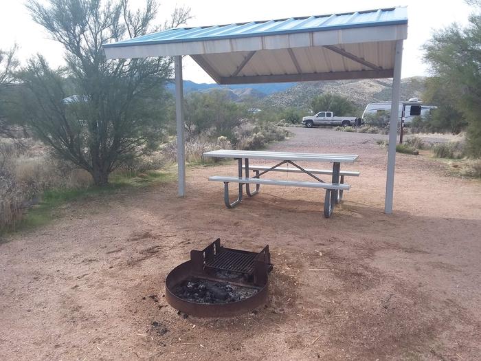 Campsite 63 at Cholla Campground with a picnic table, fire ring, shade structure, and parking.