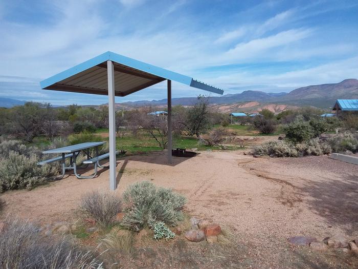Site 166 with a picnic table, fire ring, shade structure, and parking.