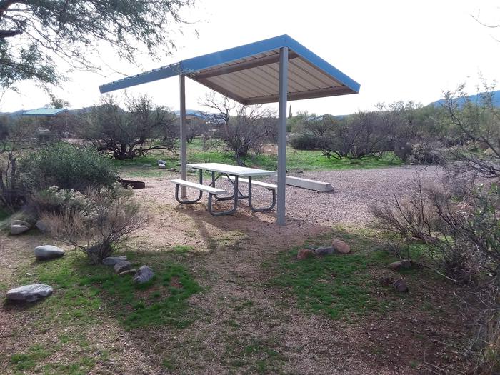 Site 186 with a picnic table, fire ring, shade structure, and parking.