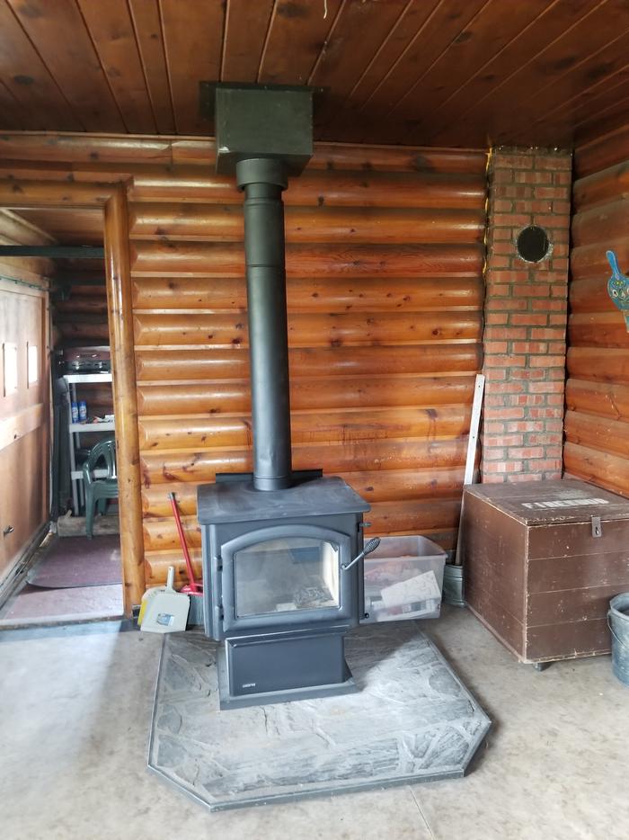 Wood burning stove inside cabin