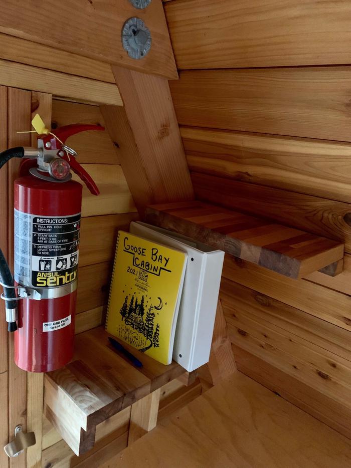Goose Bay Cabin - ShelvesFire extinguisher and shelves