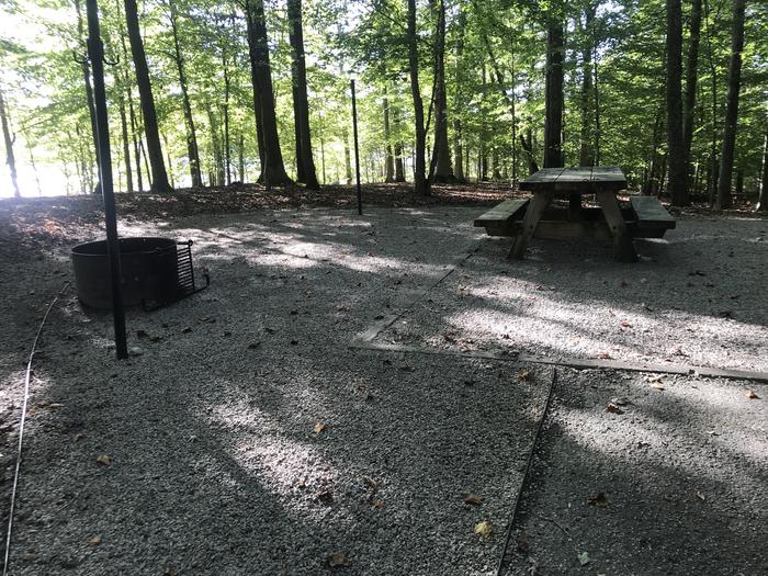 A photo of Site F026 of Loop F at TWIN KNOBS CAMPGROUND with Picnic Table, Fire Pit, Shade, Tent Pad, Lantern Pole