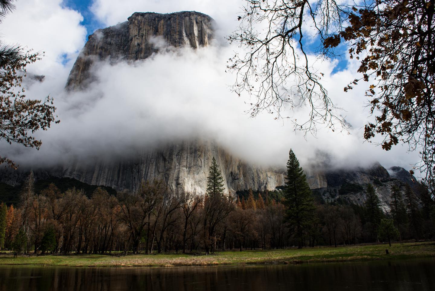 View of a large rock monolith partially covered with a cloud, with a river and trees in the foregroundEl Capitan in Yosemite Valley is blanketed by clouds as they roll through the Valley.