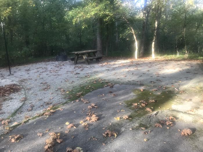 A photo of Site F003 of Loop F at TWIN KNOBS CAMPGROUND with Picnic Table, Fire Pit, Shade, Tent Pad, Lantern Pole