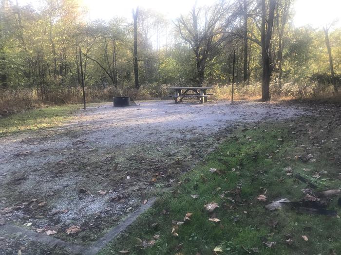 A photo of Site F002 of Loop F at TWIN KNOBS CAMPGROUND with Picnic Table, Fire Pit, Shade, Tent Pad, Lantern Pole
