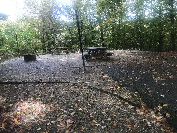 A photo of Site F019 of Loop F at TWIN KNOBS CAMPGROUND with Picnic Table, Fire Pit, Shade, Tent Pad, Waterfront, Lantern Pole