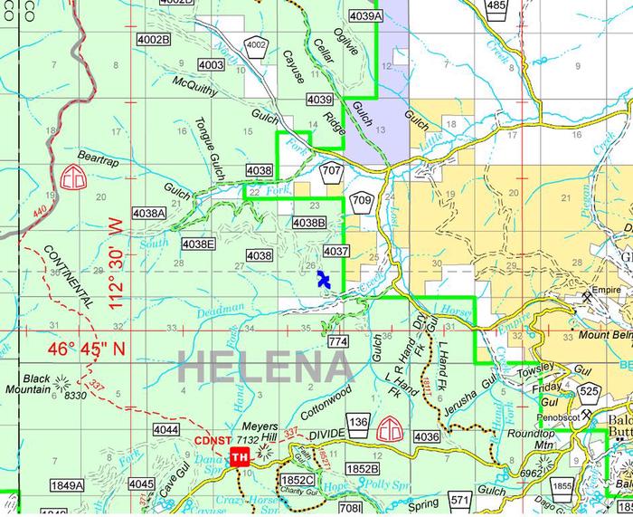 Map of general vicinity to show nearby private lands.Map of general vicinity to show nearby private lands (white) within the boundary of the Helena Ranger District (green) near the Lost Horse cabin (blue x). Respect private property and it is your responsibility to know whether you are on public or private lands.