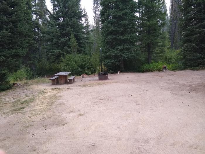 An open campsite with a picnic table, fire ring, and lantern pole.