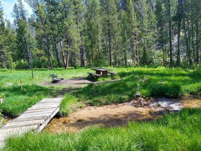 A campsite in a meadow, accessed by a foot bridge with a dirt road in the far background.Edna Creek Site 9 is beautiful in the spring, 