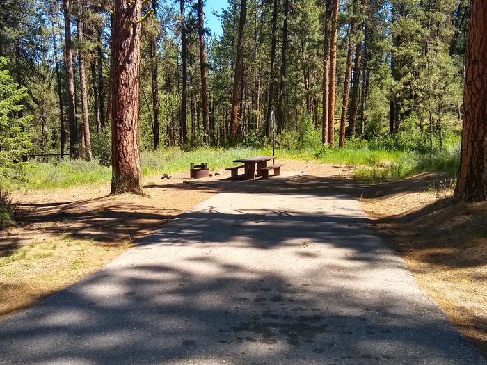 A long paved driveway leading to a campsite with a picnic table, fire ring, and lantern pole.Grayback Gulch Site 9.