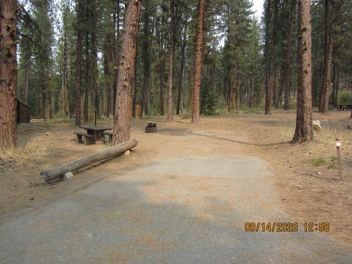 A paved driveway leading to a campsite, with a long guide beam on the right.Grayback Gulch Site 17