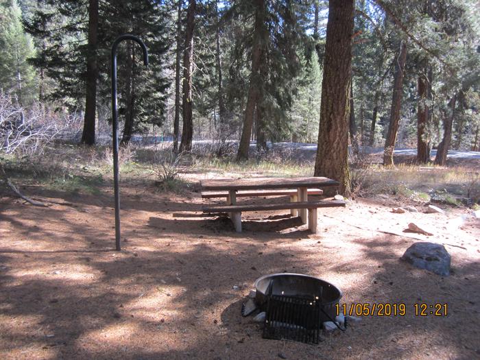 A campsite in the woods, with a highway in the background; a picnic table, fire ring, and lantern pole are shown.Ten Mile Site 10, different angle.