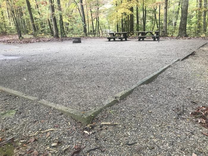A photo of Site D014 of Loop D at TWIN KNOBS CAMPGROUND with Picnic Table, Fire Pit, Shade, Tent Pad, Lantern Pole