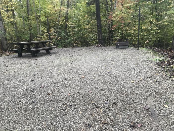 A photo of Site E006 of Loop E at TWIN KNOBS CAMPGROUND with Picnic Table, Fire Pit, Shade, Tent Pad, Lantern Pole