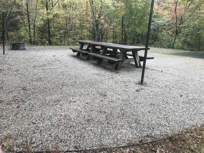 A photo of Site G010 of Loop G at TWIN KNOBS CAMPGROUND with Picnic Table, Fire Pit, Shade, Tent Pad, Lantern Pole