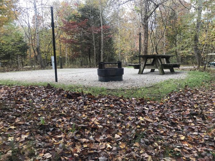A photo of Site H014 of Loop H at TWIN KNOBS CAMPGROUND with Picnic Table, Electricity Hookup, Fire Pit, Shade, Tent Pad, Lantern Pole