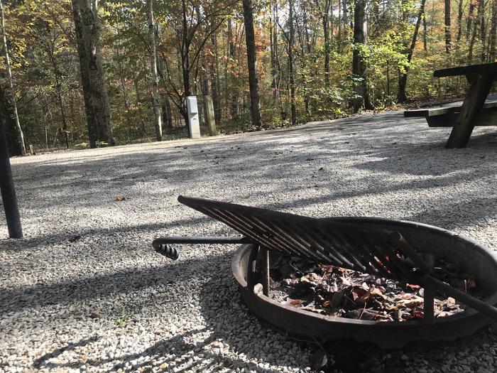 A photo of Site H019 of Loop H at TWIN KNOBS CAMPGROUND with Picnic Table, Electricity Hookup, Fire Pit, Shade, Tent Pad, Lantern Pole