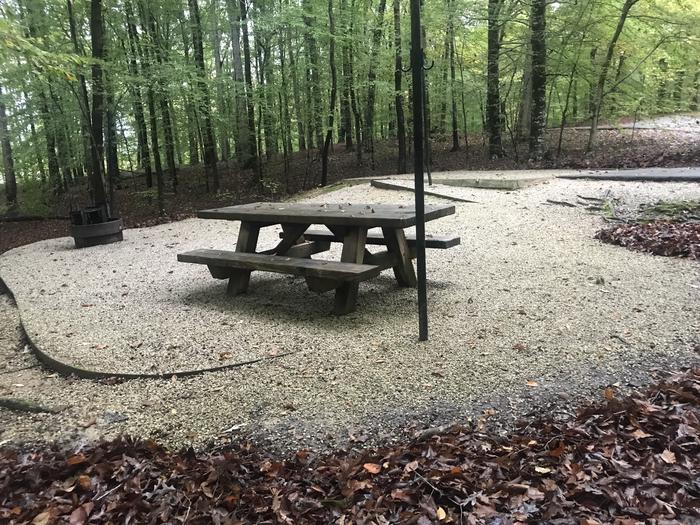 A photo of Site G003 of Loop G at TWIN KNOBS CAMPGROUND with Picnic Table, Fire Pit, Shade, Tent Pad, Lantern Pole