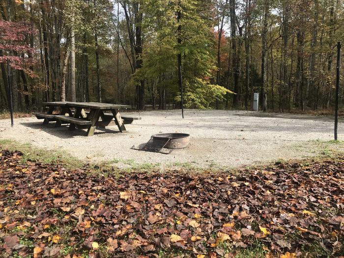 A photo of Site H003 of Loop H at TWIN KNOBS CAMPGROUND with Picnic Table, Electricity Hookup, Fire Pit, Shade, Tent Pad, Lantern Pole, Water Hookup
