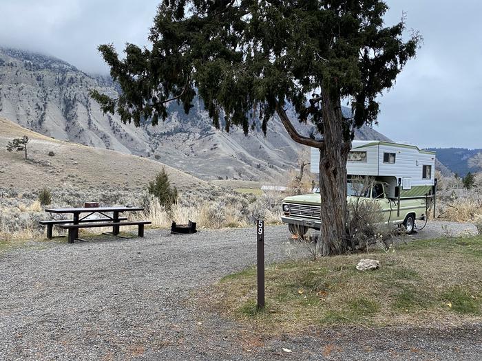 Mammoth Hot Springs Campground Site 59..Mammoth Hot Springs Campground Site 59, facing east