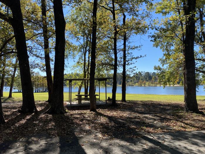 A photo of Site 092 of Loop D at MILL CREEK (TEXAS) with Picnic Table, Electricity Hookup, Fire Pit, Shade, Waterfront, Lantern Pole, Water Hookup