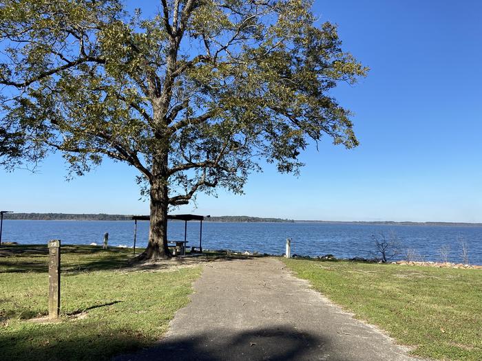 A photo of Site 072 of Loop C at MILL CREEK (TEXAS) with Picnic Table, Electricity Hookup, Fire Pit, Shade, Waterfront, Lantern Pole, Water Hookup