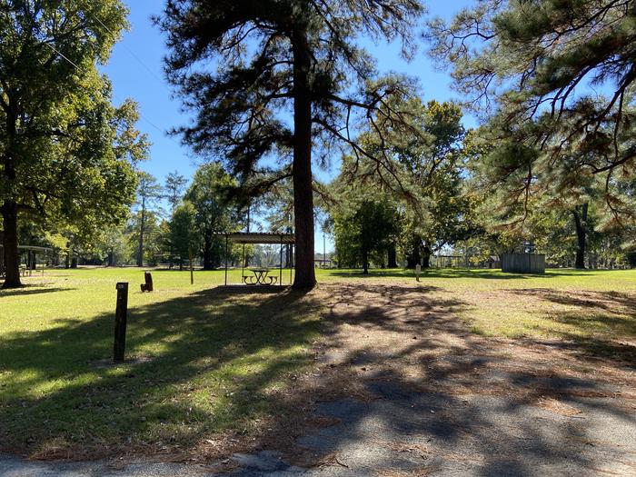A photo of Site 055 of Loop A at MILL CREEK (TEXAS) with Picnic Table, Electricity Hookup, Fire Pit, Shade, Waterfront, Lantern Pole, Water Hookup