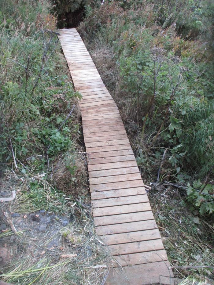 Boardwalk to water source directly adjacent to cabin