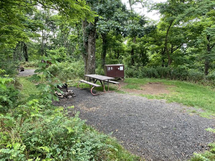 A photo of Site 028 of Loop Lower Loop at Loft Mountain Campground with Picnic Table, Fire Pit, Food Storage
