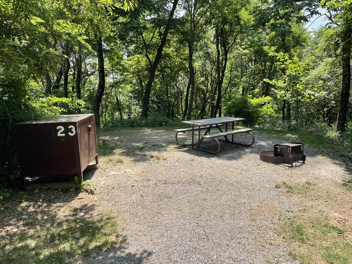 A photo of Site 023 of Loop Lower Loop at Loft Mountain Campground with Picnic Table, Fire Pit, Food Storage