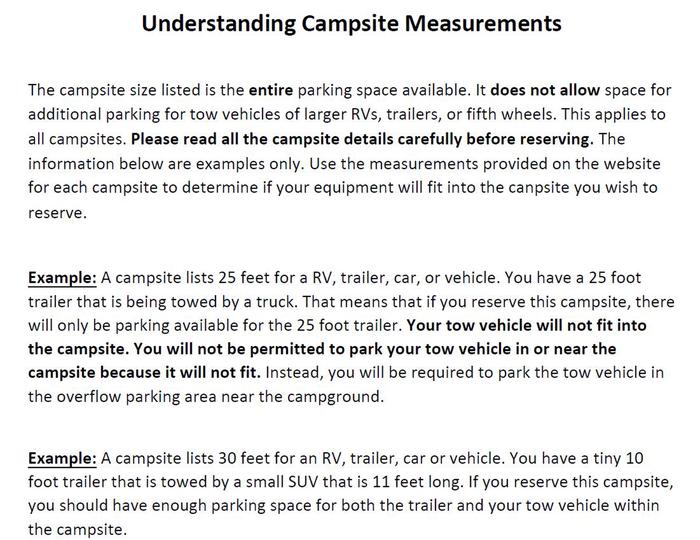 info on campground parking sizemeasurement info