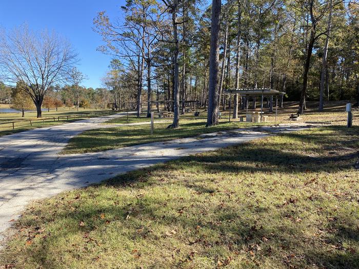 A photo of Site 18 of Loop LOOA at SAN AUGUSTINE with Picnic Table, Electricity Hookup, Fire Pit, Shade, Waterfront, Lantern Pole, Water Hookup, Lean To / Shelter